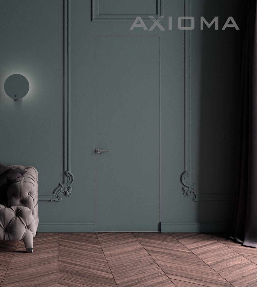 Двері прихованого монтажу Axiomadoors – МДФ під фарбування 600x2000, профіль Срібний Анод, відкривання На себе
